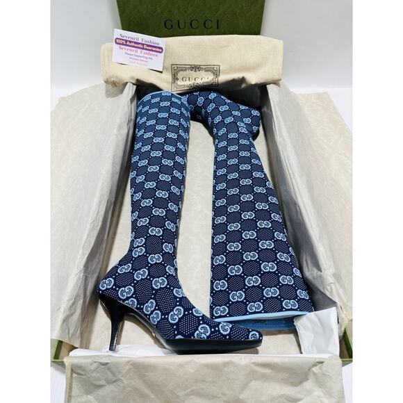 Gucci Knee High Boots 37/ US 7 GG Supreme Blue Knit Socks Pull On NIB - Picture 6 of 13